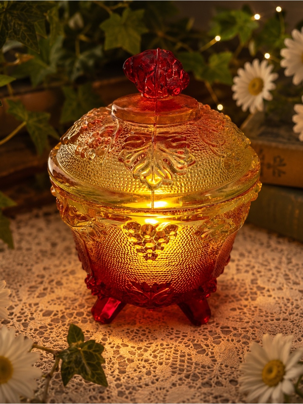 Vintage Amberina Grape Candy Dish Fairy Lamp | Footed Glass Covered Dish